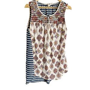 One September Anthropologie Navy White Southwestern Embroidered Boho Tank Top L